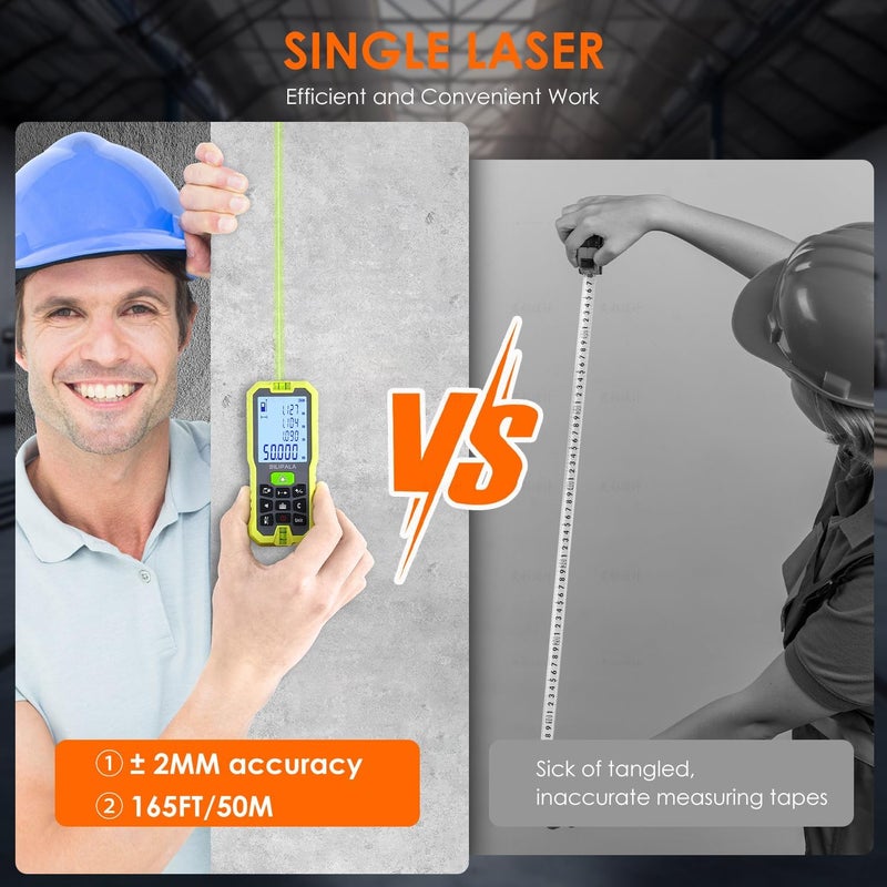 Bilipala Laser Distance Measuring Tool, 50M/165ft Laser Measure, ±2mm Accuracy Laser Distance Meters with Backlit LCD, Measuring Distance, Area, Volume, Pythagorean Mode for Indoor/Outdoor Use(Green Laser) - Image 4